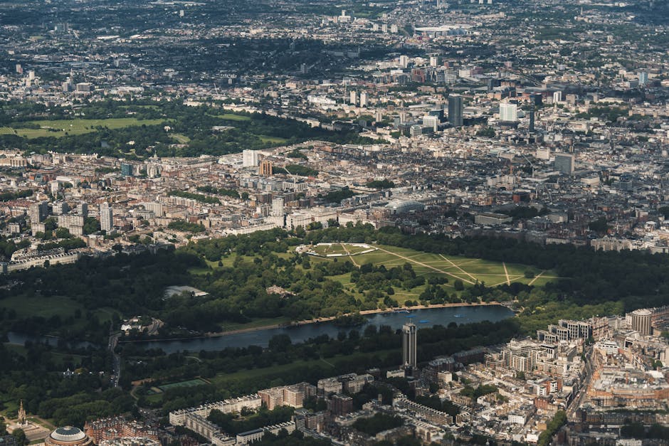 Aerial view of central London showing green spaces and city infrastructure, including a large park with open lawns and pathways in the foreground, bordered by a river with a few boats. Surrounding the